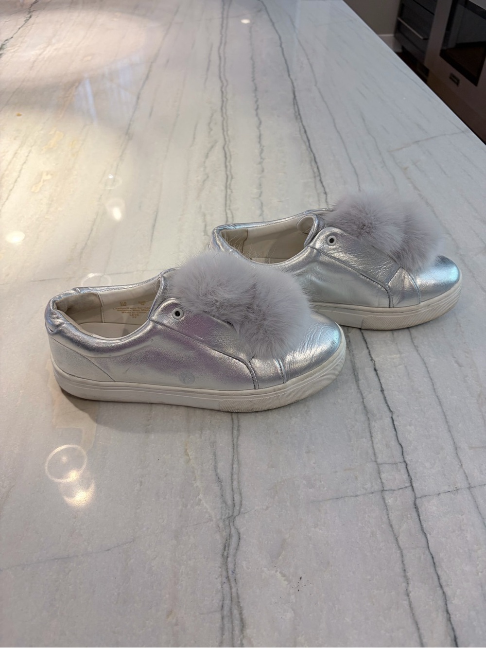 Sam Edelman Metallic Silver Pom Pom Slip-On Sneakers. Size 8
